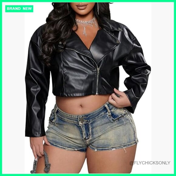 Faux Leather Bomber Jacket Full Zip Crop Motorcycle Biker Coat
